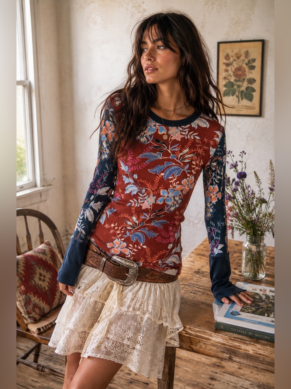 Sundance Petite Floral Cotton Thermal Top Long Sleeve XS